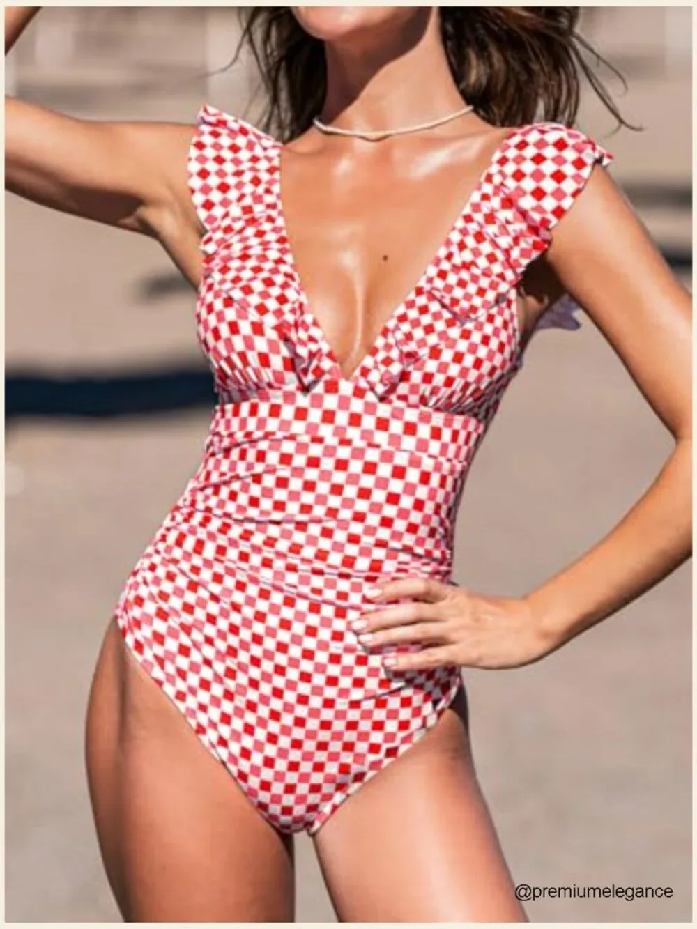 V Neck Lace Up Ruffled One Piece Swimsuit with Adjustable Straps